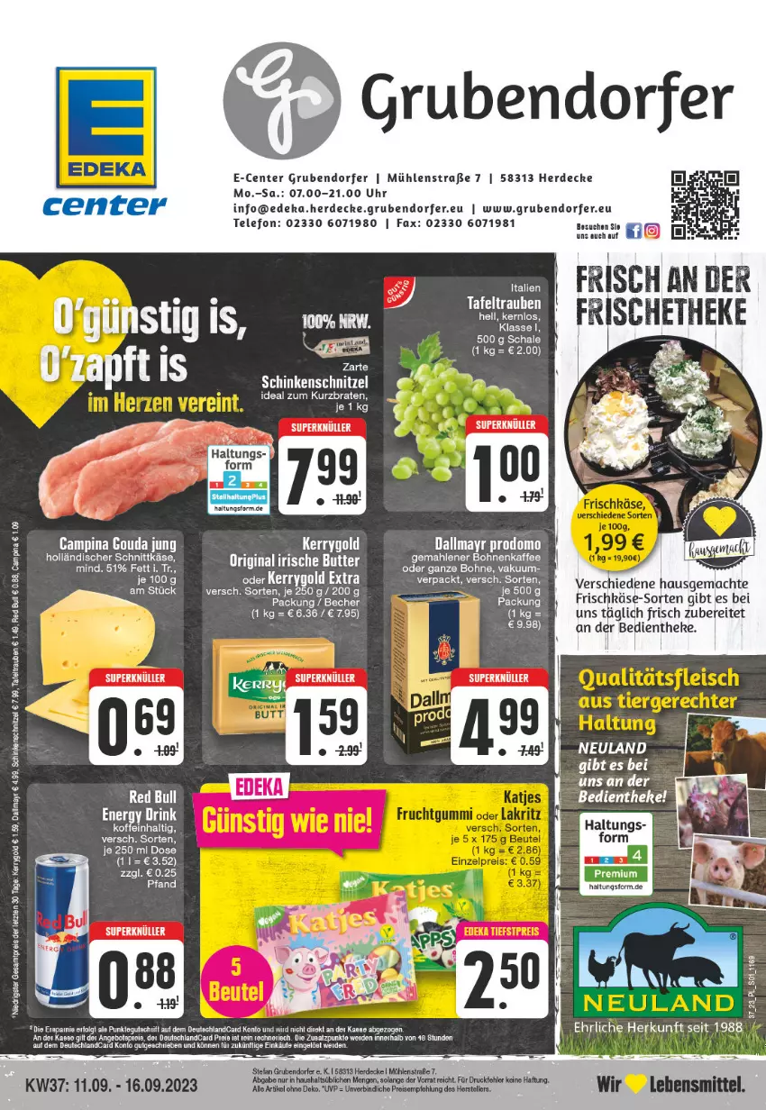 Aktueller Prospekt E Center - Angebote der Woche - von 11.09 bis 16.09.2023 - strona 1 - produkty: angebot, angebote, bohne, bohnen, bohnenkaffee, braten, dallmayr, dallmayr prodomo, decke, deka, eis, ente, erde, frischkäse, gemahlener bohnenkaffee, gouda, gouda jung, holländischer schnittkäse, K2, kaffee, Käse, kerrygold, lebensmittel, LG, mac, prodomo, red bull, reis, Schal, Schale, schinken, schinkenschnitzel, schnittkäse, schnitzel, tafeltrauben, tee, telefon, Ti, trauben, Tüte, uhr, ZTE