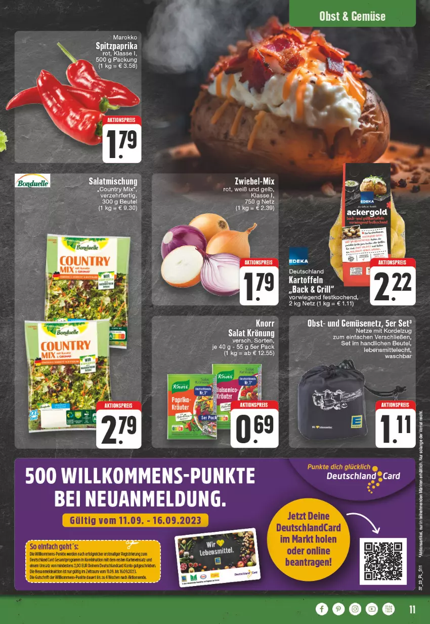 Aktueller Prospekt E Center - Angebote der Woche - von 11.09 bis 16.09.2023 - strona 11 - produkty: aktionspreis, auer, beutel, bonduelle, deutschland card, deutschlandcard, eis, elle, erde, grill, kartoffel, kartoffeln, lebensmittel, LG, obst, paprika, paprika rot, reis, salat, Spitzpaprika, Ti, zwiebel