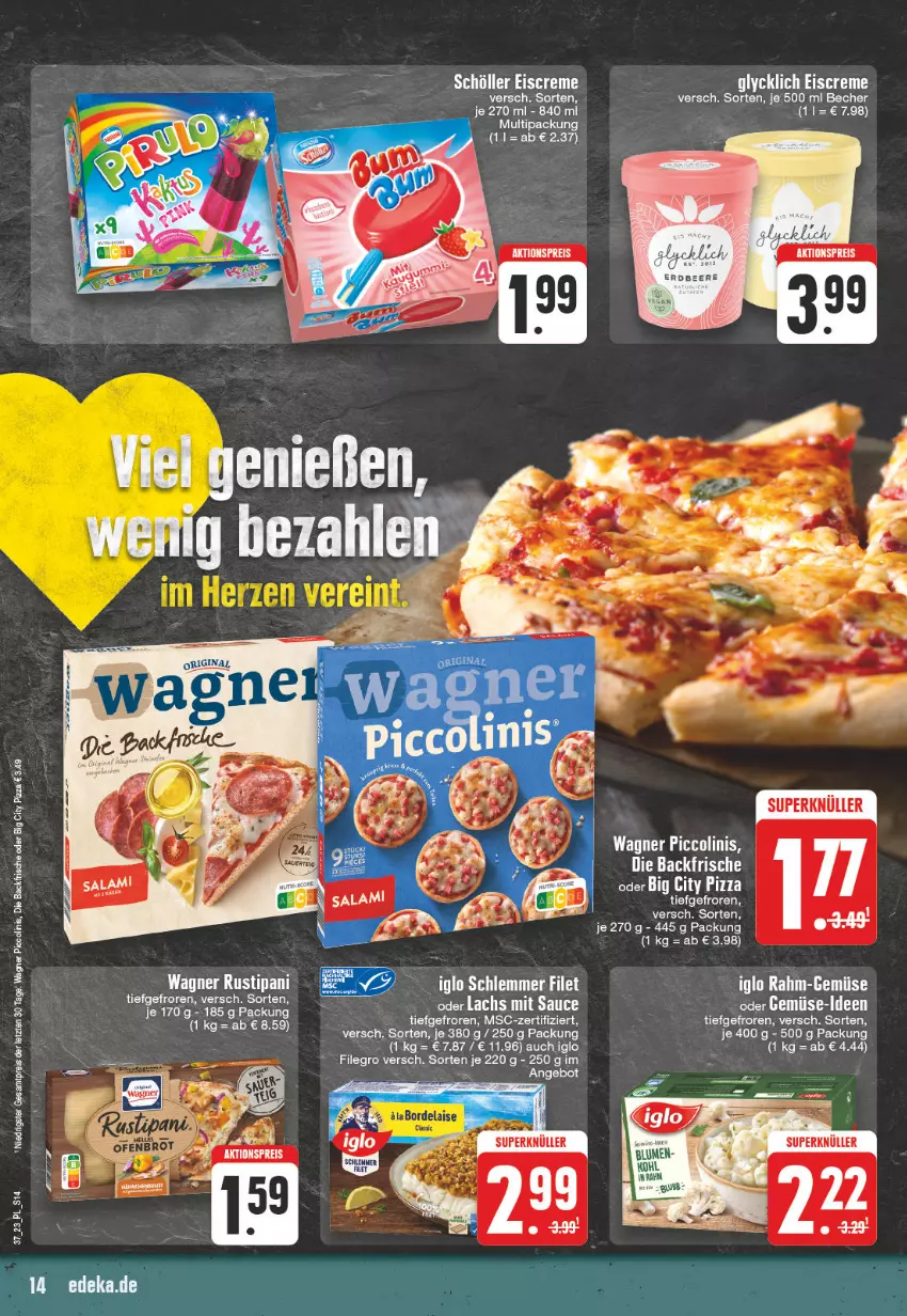 Aktueller Prospekt E Center - Angebote der Woche - von 11.09 bis 16.09.2023 - strona 14 - produkty: aktionspreis, angebot, Becher, blume, blumen, creme, eis, eiscreme, filegro, gin, iglo, lachs, piccolinis, pizza, rahm-gemüse, reis, sauce, Schöller, Ti, wagner