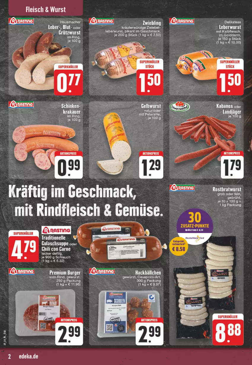 Aktueller Prospekt E Center - Angebote der Woche - von 11.09 bis 16.09.2023 - strona 2 - produkty: aktionspreis, asti, burger, cevapcici, chili, deutschland card, eis, elle, fleisch, gewürz, gulasch, Gulaschsuppe, kabanos, Kalbfleisch, kräuter, leberwurst, mac, Mett, mit kalbfleisch, natur, reis, rind, ring, schlauch, suppe, tee, Ti, wurst, zwiebel