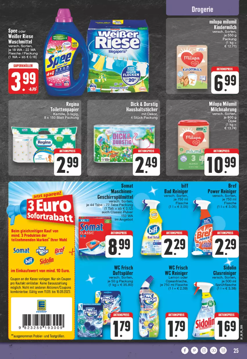 Aktueller Prospekt E Center - Angebote der Woche - von 11.09 bis 16.09.2023 - strona 25 - produkty: Bad, bier, coupon, coupons, ente, flasche, gin, haushaltstücher, Kamill, kamille, Kinder, kindermilch, milch, milupa, papier, somat, spee, Ti, toilettenpapier, tücher, vollwaschmittel, waschmittel