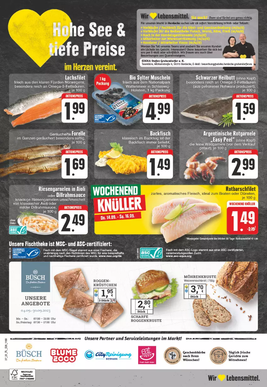 Aktueller Prospekt E Center - Angebote der Woche - von 11.09 bis 16.09.2023 - strona 28 - produkty: aioli, aktionspreis, angebot, angebote, aqua, backfisch, brot, deka, eier, eis, elle, erde, filet, fisch, fische, Fischer, fischtheke, forelle, garnelen, Kette, lachs, lachsfilet, lebensmittel, möhren, obst, omega, Omega-3, reis, rel, riesengarnelen, rwe, saft, sauce, Schere, Ti, uhr, weizenmischbrot, Wild