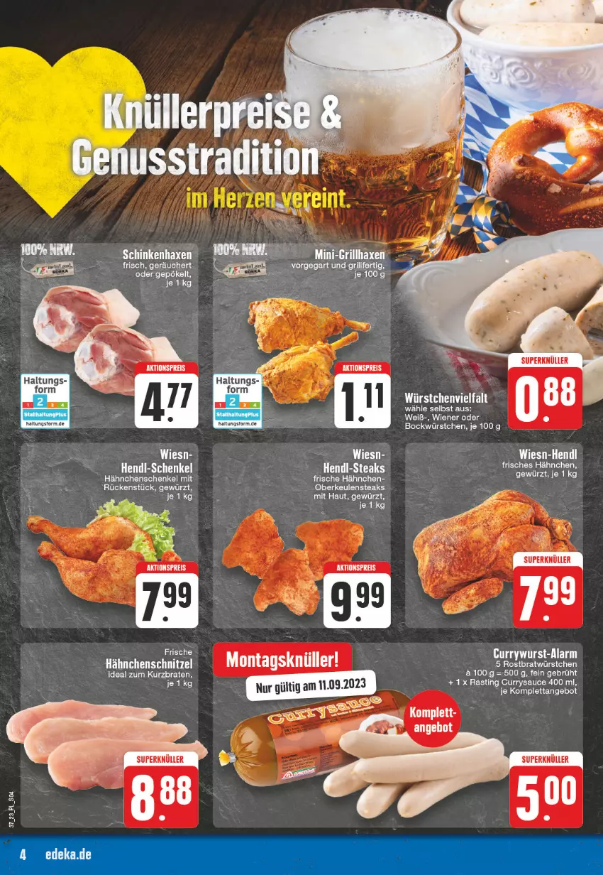 Aktueller Prospekt E Center - Angebote der Woche - von 11.09 bis 16.09.2023 - strona 4 - produkty: aktionspreis, angebot, asti, axe, braten, curry, currywurst, eis, Frische Hähnchen, gewürz, grill, grillhaxe, Hähnchenschnitzel, Haxe, Hendl, henkel, LG, reis, sauce, schenkel, schinken, schnitzel, steak, steaks, Ti, wiener, wurst, würstchen