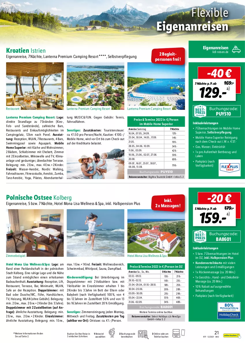 Aktueller Prospekt Lidl - Themenflyer Dezember 2021 - von 15.12.2021 bis 12.02.2022 - strona 21 - produkty: aqua, axe, Bad, bestpreis, bett, Betten, buch, dusche, eis, elle, Fahrrad, handtücher, inklusivleistungen, Kinder, küche, mikrowelle, pool, Reinigung, reis, reiseveranstalter, rezept, ring, schlafzimmer, telefon, Ti, tücher, wasser, wellnessbereich, Whirlpool, Yo, zimmerbeispiel