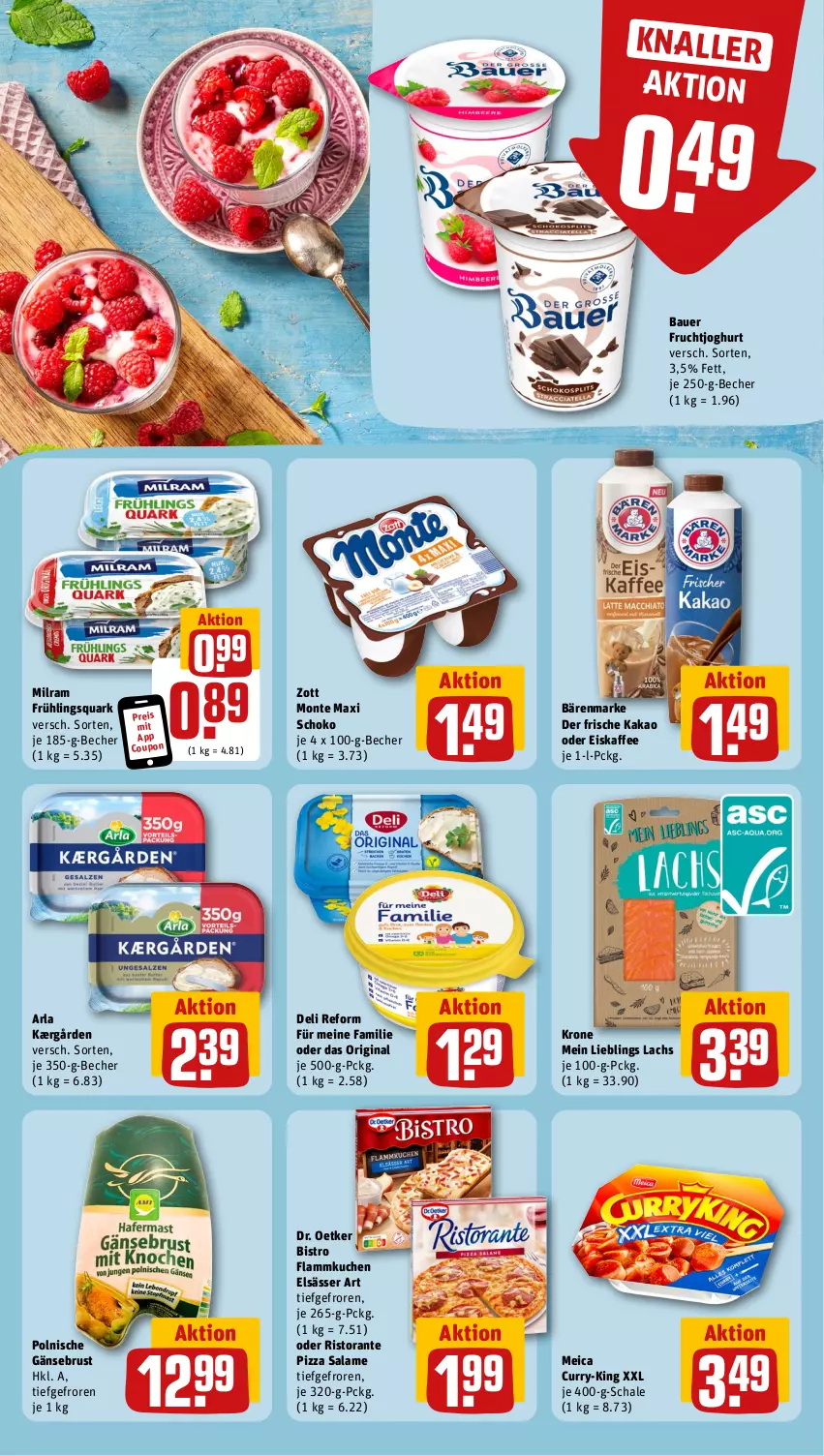 Aktueller Prospekt Rewe - Prospekte - von 06.11 bis 11.11.2023 - strona 10 - produkty: arla, auer, bärenmarke, Bau, Bauer, Becher, coupon, curry, deli reform, Dr. Oetker, eis, eiskaffee, elsässer art, flammkuchen, frucht, fruchtjoghurt, Gänsebrust, gin, joghur, joghurt, Kærgården, kaffee, kakao, krone, kuchen, lachs, lamm, meica, milram, monte, pizza, pizza salame, quark, reis, ristorante, ristorante pizza, Schal, Schale, schoko, Ti, zott, Zott Monte