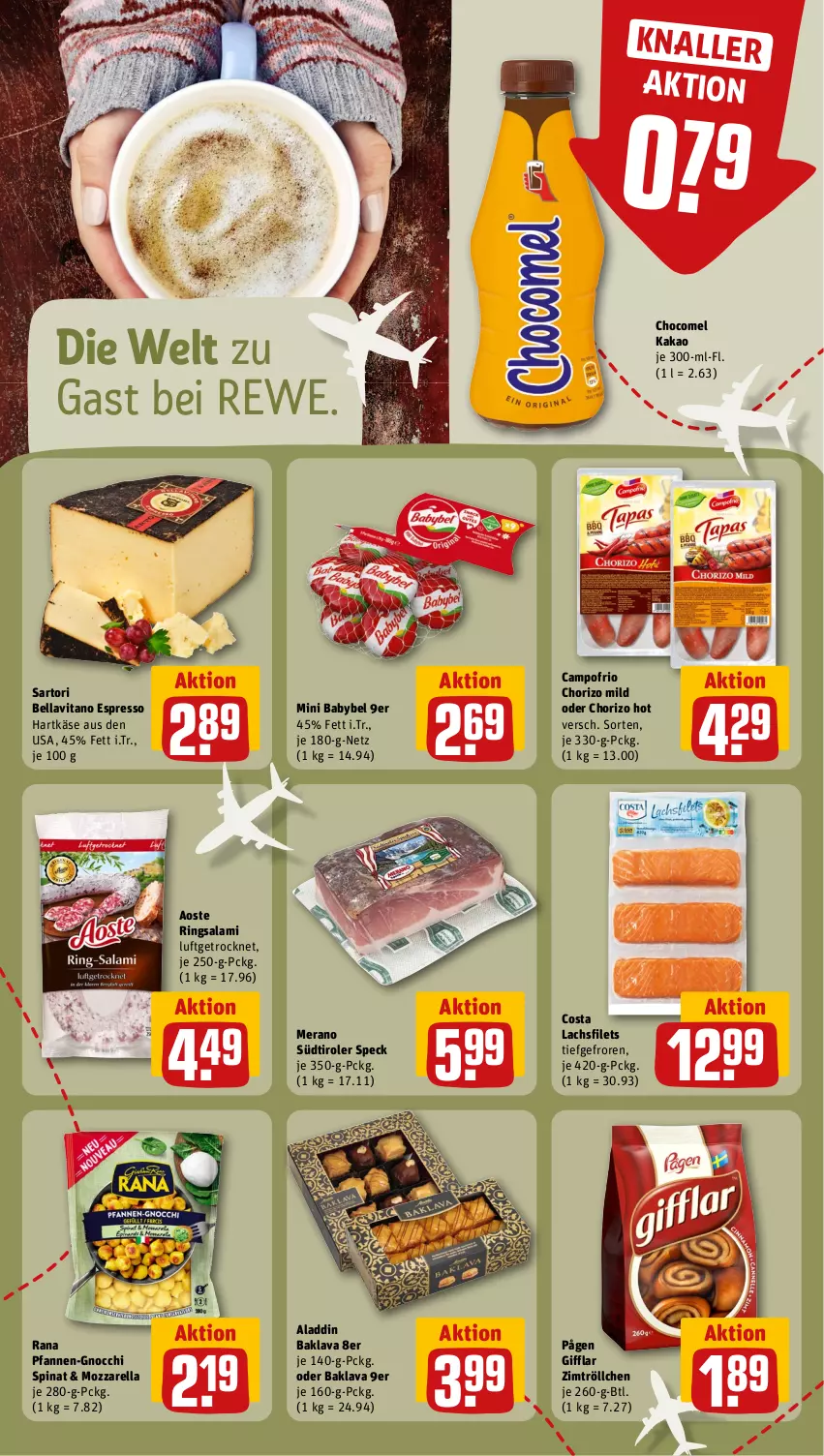 Aktueller Prospekt Rewe - Prospekte - von 06.11 bis 11.11.2023 - strona 14 - produkty: babybel, Baklava, campofrio, chorizo, espresso, filet, filets, gnocchi, hartkäse, kakao, Käse, lachs, lachsfilet, lachsfilets, mini babybel, mozzarella, pfanne, pfannen, Rana, rel, ring, salami, Speck, spinat, südtiroler, Ti, vita