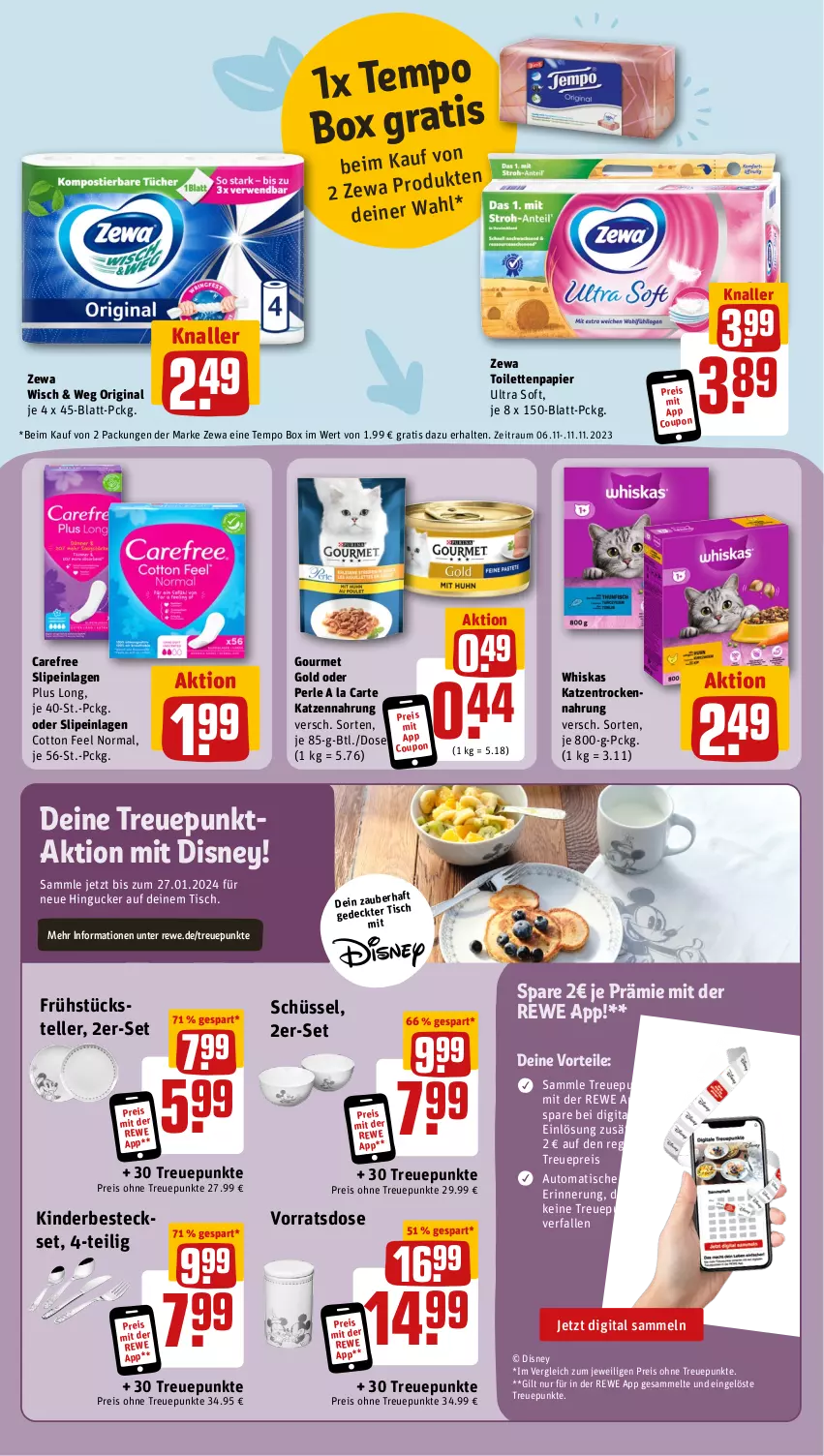 Aktueller Prospekt Rewe - Prospekte - von 06.11 bis 11.11.2023 - strona 19 - produkty: auto, besteck, carefree, coupon, disney, eis, elle, gin, gourmet gold, katzennahrung, Kinder, Kinderbesteck, papier, reis, schüssel, slip, slipeinlagen, teller, Tempo, Ti, tisch, toilettenpapier, whiskas, zewa