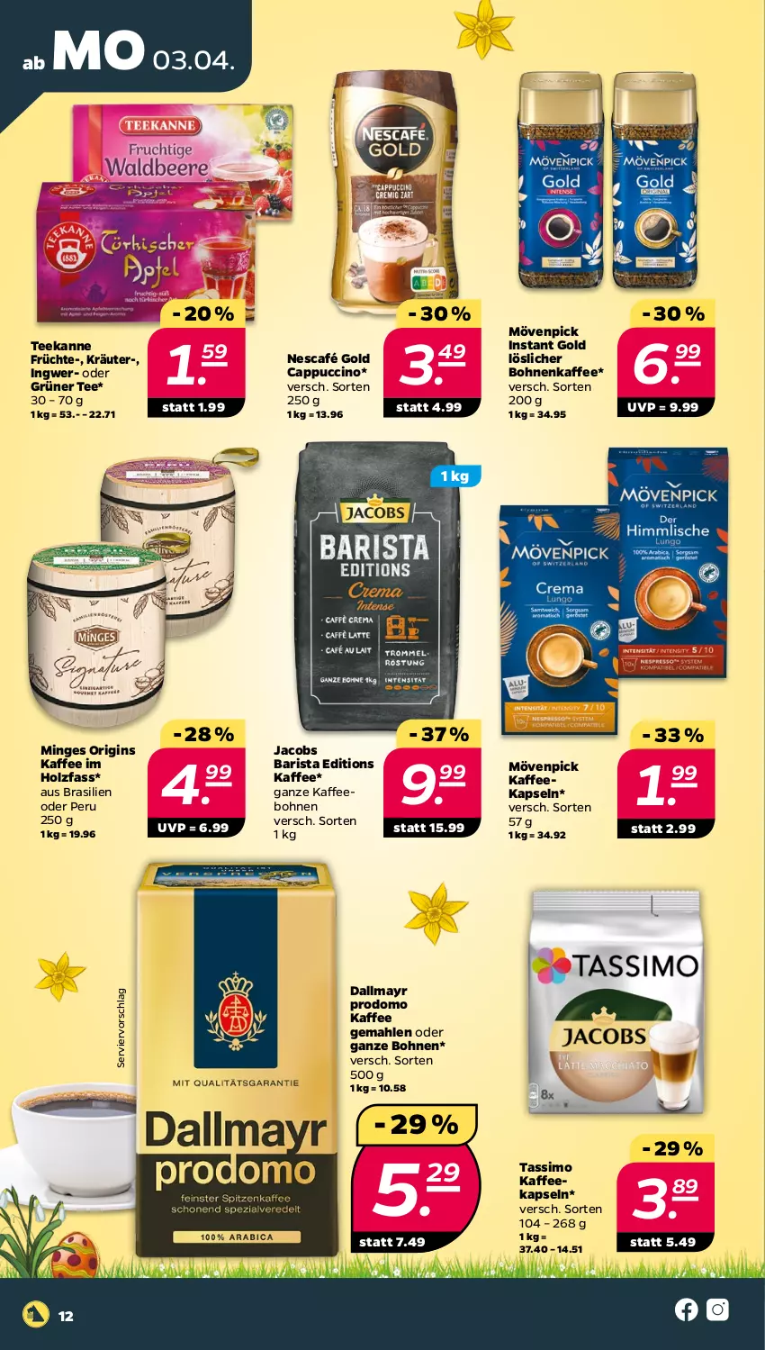 Aktueller Prospekt Netto - Woche 14 - von 03.04 bis 08.04.2023 - strona 12 - produkty: bohne, bohnen, bohnenkaffee, Cap, cappuccino, cin, dallmayr, dallmayr prodomo, früchte, gin, grüner tee, Holz, ingwer, jacobs, kaffee, kaffeebohnen, kaffeekapseln, kräuter, löslicher bohnenkaffee, mövenpick, mövenpick kaffee, Nescafé, nescafé gold, prodomo, sim, tassimo, tee, teekanne, Ti