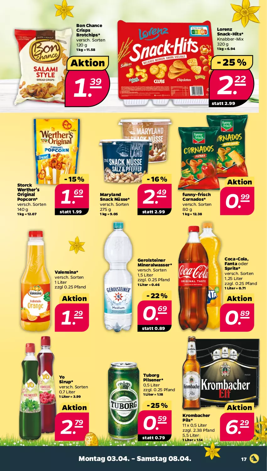 Aktueller Prospekt Netto - Woche 14 - von 03.04 bis 08.04.2023 - strona 17 - produkty: Alwa, brot, chips, coca-cola, cola, fanta, fanta oder, fanta oder sprite, funny-frisch, gerolsteine, gerolsteiner, gin, krombache, krombacher, krombacher pils, lorenz, mineralwasser, oder sprite, pils, pilsener, popcorn, sirup, snack, sprite, steiner, storck, Ti, valensina, wasser, Yo