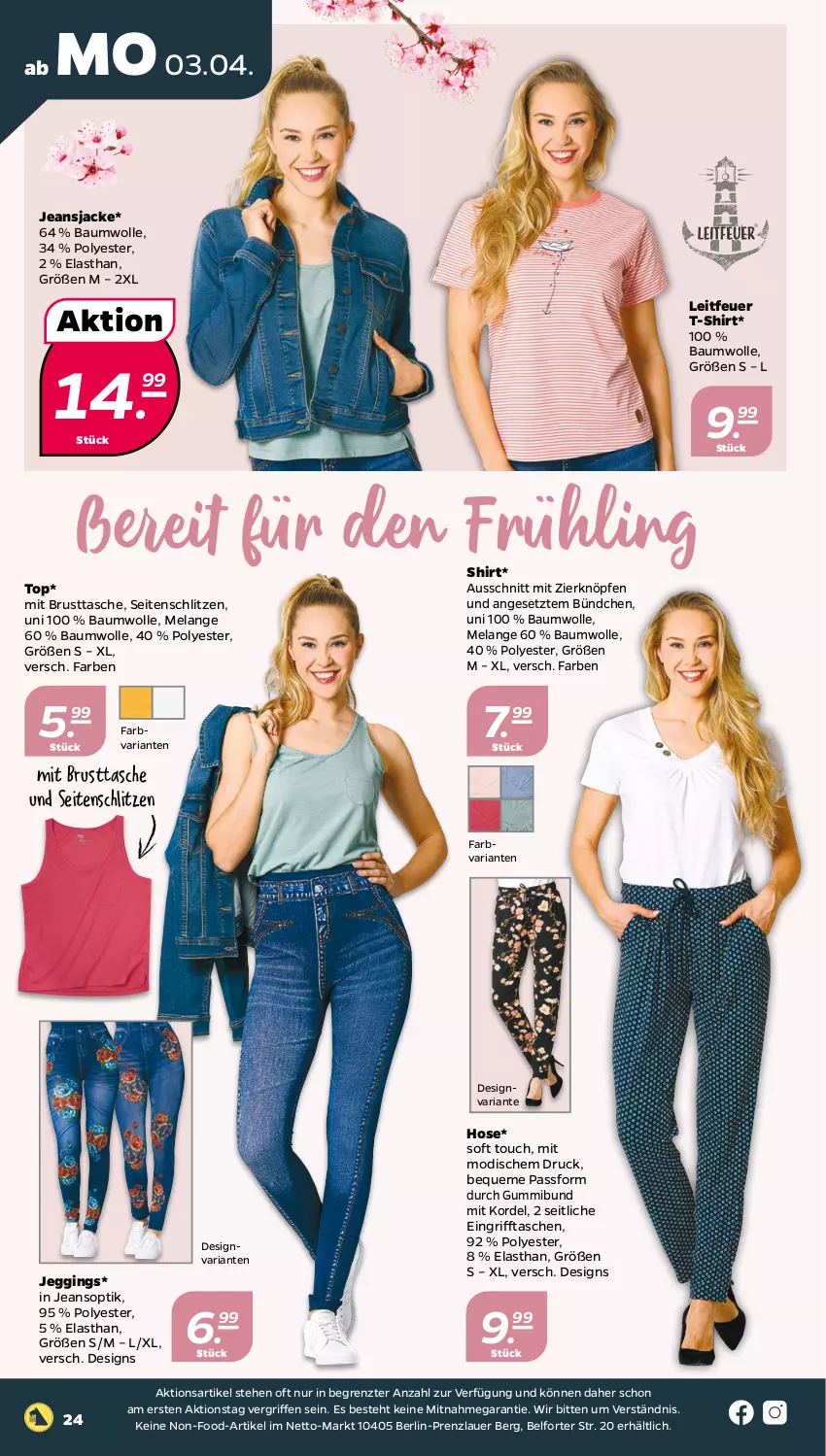 Aktueller Prospekt Netto - Woche 14 - von 03.04 bis 08.04.2023 - strona 24 - produkty: auer, Bau, baumwolle, Elan, gin, hose, Jacke, jeans, Jeansjacke, Ria, shirt, T-Shirt, Tasche, taschen, Ti, wolle, ZTE