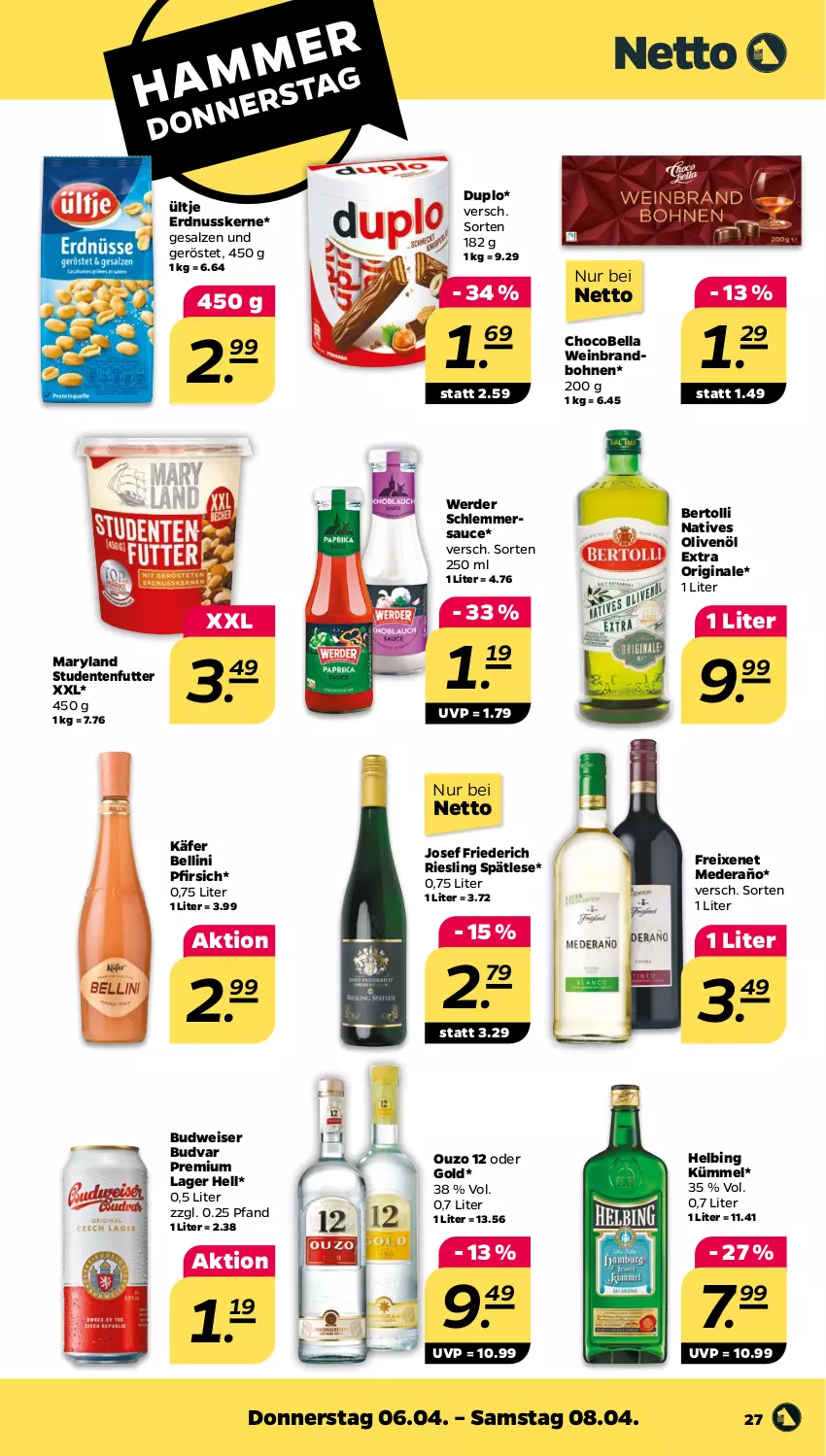 Aktueller Prospekt Netto - Woche 14 - von 03.04 bis 08.04.2023 - strona 27 - produkty: bertolli, bohne, bohnen, budweiser, duplo, eis, ente, erde, erdnuss, freixenet, gin, käfer, natives olivenöl, nuss, olive, oliven, olivenöl, olivenöl extra, ouzo, ouzo 12, pfirsich, riesling, salz, sauce, schlemmersauce, studentenfutter, Ti, ültje, wein, weinbrand