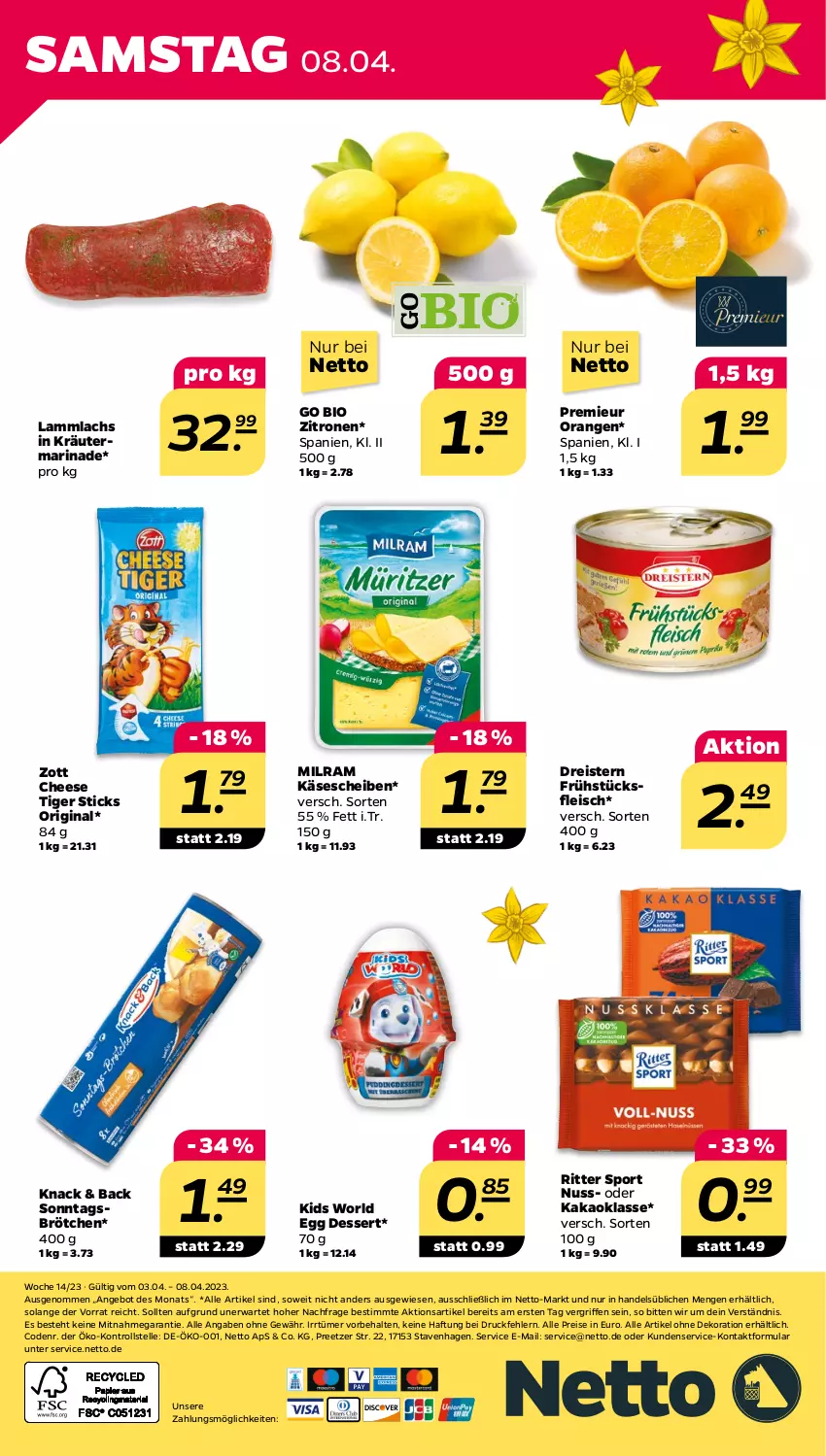 Aktueller Prospekt Netto - Woche 14 - von 03.04 bis 08.04.2023 - strona 28 - produkty: alle artikel ohne dekoration, angebot, bio, brötchen, dekoration, dessert, dreistern, eis, elle, fleisch, frühstücksfleisch, gin, kakao, Käse, käsescheiben, kräuter, lachs, lamm, marinade, milram, nuss, orange, orangen, reis, ritter, ritter sport, Sport, Ti, zitrone, zitronen, zott