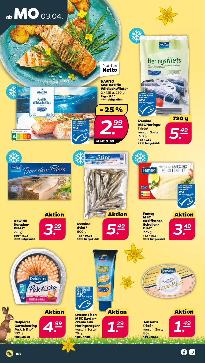 Aktueller Prospekt Netto - Woche 14 - von 03.04 bis 08.04.2023 - strona 8 - produkty: creme, dip, Dorade, femeg, filet, filets, fisch, fische, garnelen, hering, Herings, heringsfilets, lachs, lachsfilet, lachsfilets, ring, scholl, Ti, Wild, wildlachs