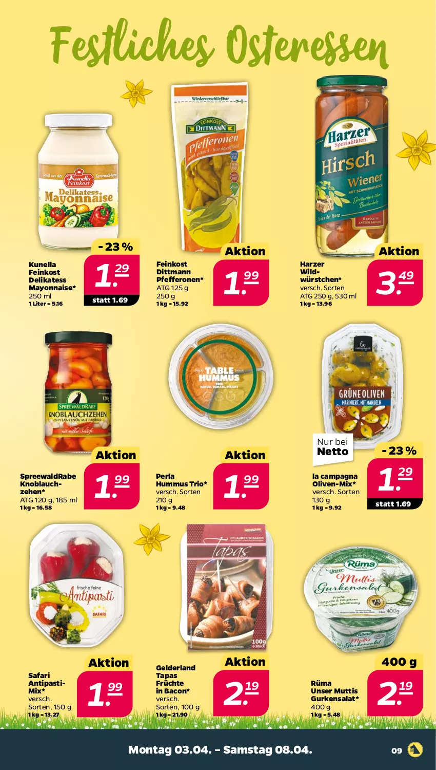 Aktueller Prospekt Netto - Woche 14 - von 03.04 bis 08.04.2023 - strona 9 - produkty: antipasti, asti, bacon, dittmann, feinkost, früchte, gurke, gurken, gurkensalat, hummus, knoblauch, mayonnaise, Mutti, olive, oliven, perla, pfeffer, pfefferonen, salat, Tapas, Ti, Wild, würstchen, Yo