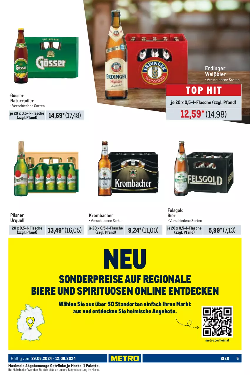 Aktueller Prospekt Metro - Händler Journal - von 29.05 bis 12.06.2024 - strona 5 - produkty: angebot, angebote, bier, Biere, decke, eis, erdinger, flasche, getränk, getränke, gösser, krombache, krombacher, Metro, natur, Palette, pils, pilsner, pilsner urquell, radler, reis, spirituosen, Ti