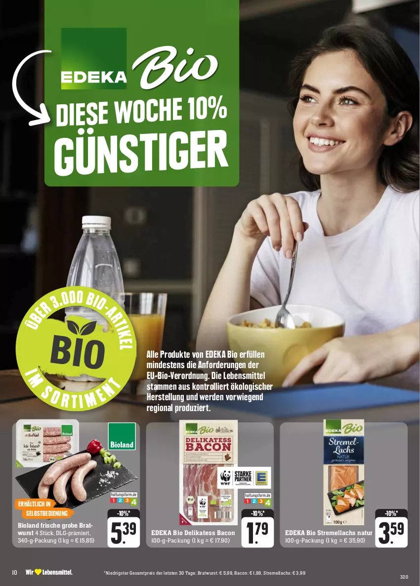 Aktueller Prospekt Edeka - Angebote der Woche - von 09.10 bis 14.10.2023 - strona 14 - produkty: bacon, bio, bioland, bratwurst, deka, edeka bio, eis, erde, grobe bratwurst, lachs, lebensmittel, LG, natur, reis, Ti, trolli, wurst, ZTE