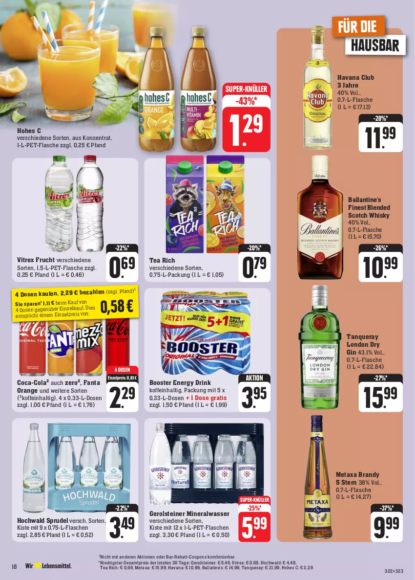 Aktueller Prospekt Edeka - Angebote der Woche - von 09.10 bis 14.10.2023 - strona 22 - produkty: Alwa, ball, blended scotch, blended scotch whisky, coca-cola, cola, coupon, coupons, drink, dry gin, eis, energy drink, fanta, flasche, frucht, gerolsteine, gerolsteiner, gin, Havana Club, hochwald, Hohes C, london dry, london dry gin, Metaxa, mineralwasser, orange, pet-flasche, pet-flaschen, rabatt-coupon, reis, scotch, scotch whisky, Sprudel, steiner, super-knüller, Tanqueray, Ti, usb, vitrex, wasser, whisky, ZTE