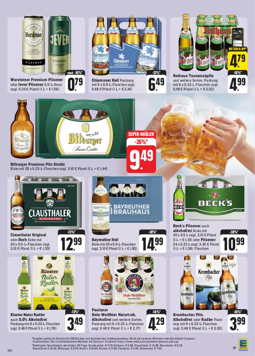 Aktueller Prospekt Edeka - Angebote der Woche - von 09.10 bis 14.10.2023 - strona 23 - produkty: alkohol, angebot, aust, beck's, bier, bitburger, burger, clausthaler, coupon, coupons, deka, eis, flasche, gin, Hefe, jever, jever pilsener, krombache, krombacher, krombacher pils, natur, natur radler, nuss, oder radler, Paula, paulaner, pils, pilsener, premium pils, rabatt-coupon, radler, reis, steiner, super-knüller, Ti, warsteiner, ZTE