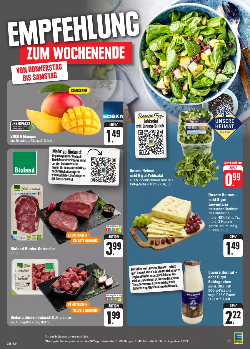 Aktueller Prospekt Edeka - Angebote der Woche - von 09.10 bis 14.10.2023 - strona 27 - produkty: Bau, bio, bioland, Birnen, deka, eis, entrecôte, feldsalat, flasche, gulasch, hartkäse, Käse, LG, magazin, mango, mangos, milch, nuss, reis, rind, rinder, sahne, salat, Schal, Schale, schlagsahne, Speck, Sport, super-knüller, Ti, ZTE