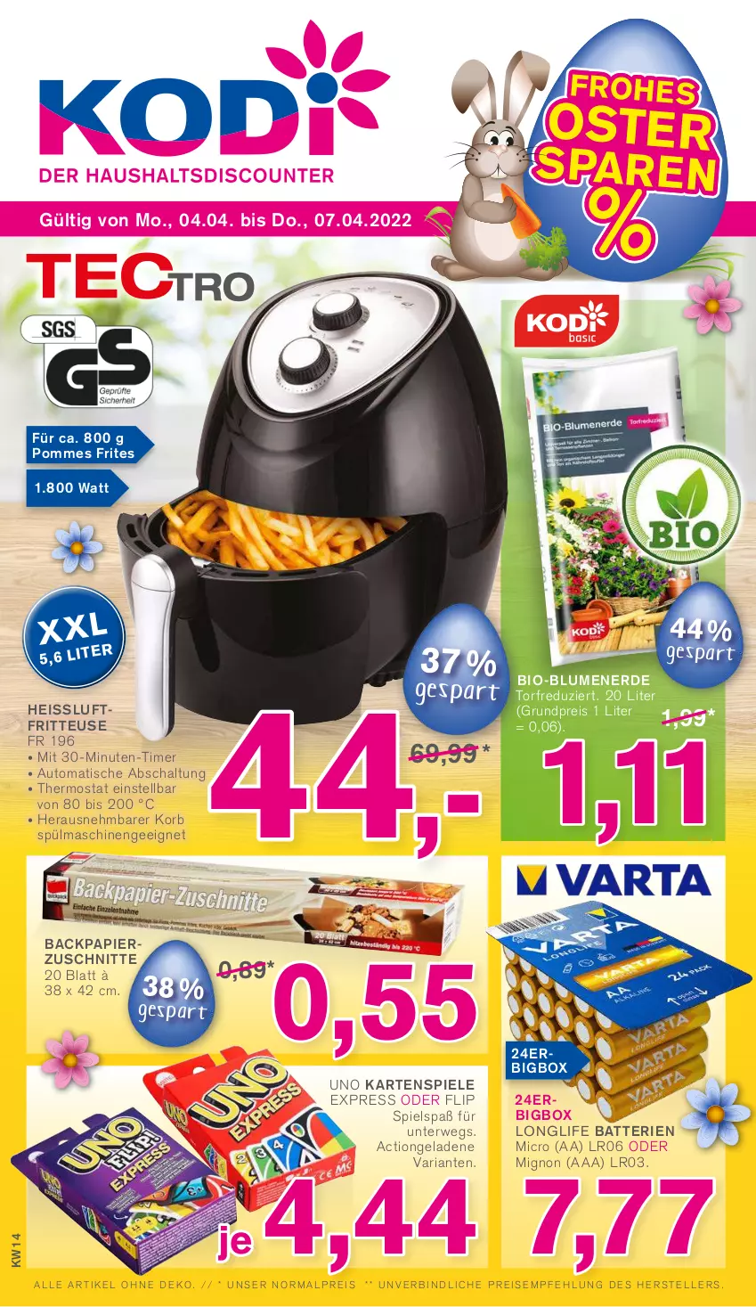 Aktueller Prospekt Kodi - Prospekte - von 02.04 bis 07.04.2022 - strona 1 - produkty: auto, batterie, batterien, bio, blume, blumen, blumenerde, eis, elle, erde, fritteuse, korb, longlife, papier, pommes, Pommes Frites, reis, Ria, rwe, Schal, Spiele, spülmaschinen, teller, thermostat, Ti, timer, tisch