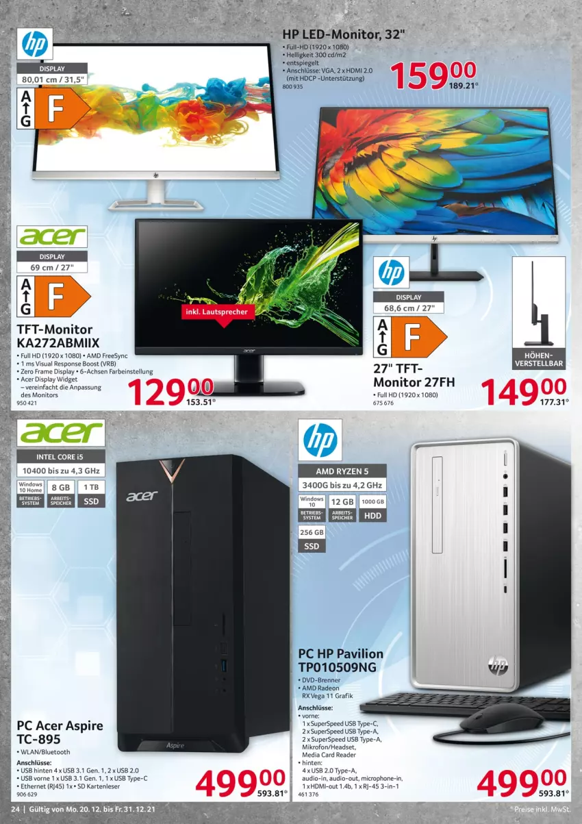 Aktueller Prospekt Selgros - Vorschau:
            Nonfood - von 20.12 bis 31.12.2021 - strona 24 - produkty: acer, AMD Radeon, deo, dvd, HDMI, Headset, HP, lion, monitor, radeon, spee, spiegel, Ti, usb