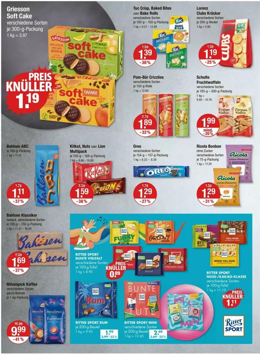 Aktueller Prospekt Vmarkt - Prospekte - von 04.07 bis 10.07.2024 - strona 8 - produkty: beutel, bites, cola, frucht, griesson, kakao, kitkat, lion, lorenz, nuss, oreo, pom-bär, Ricola, ritter, ritter sport, rum, Sport, Ti, tuc, waffeln, zucker