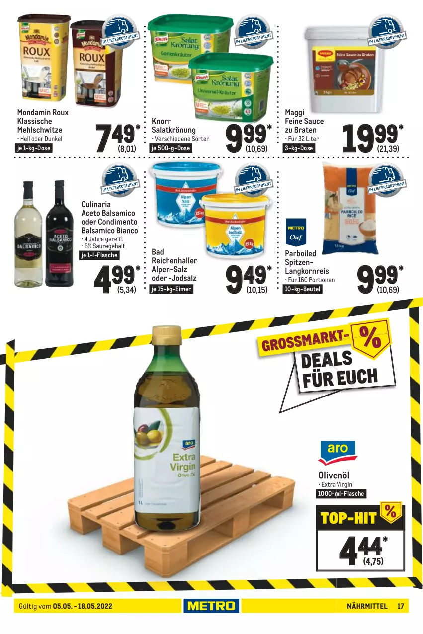 Aktueller Prospekt Metro - GastroJournal - von 05.05 bis 18.05.2022 - strona 17 - produkty: aceto, aceto balsamico, Bad, balsam, balsamico, balsamico bianco, beutel, braten, condimento, culinaria, eimer, eis, flasche, gin, knorr, korn, Langkornreis, maggi, mehl, mondamin, olive, oliven, olivenöl, reis, Ria, salat, salatkrönung, salz, sauce, Ti