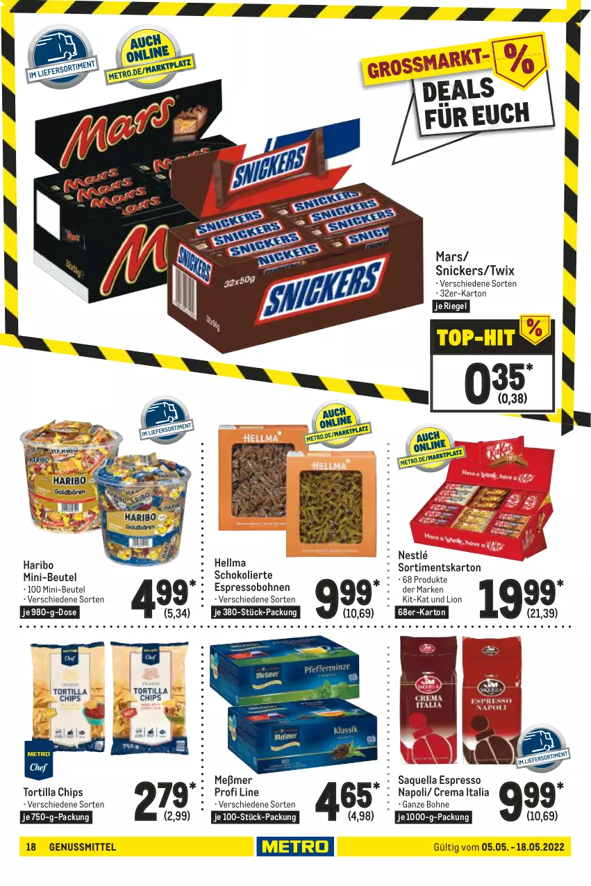 Aktueller Prospekt Metro - GastroJournal - von 05.05 bis 18.05.2022 - strona 18 - produkty: beutel, bohne, bohnen, chips, espresso, haribo, lion, mars, Meßmer, nestlé, nuss, riegel, schoko, snickers, Ti, tortilla, Tortilla Chips, twix