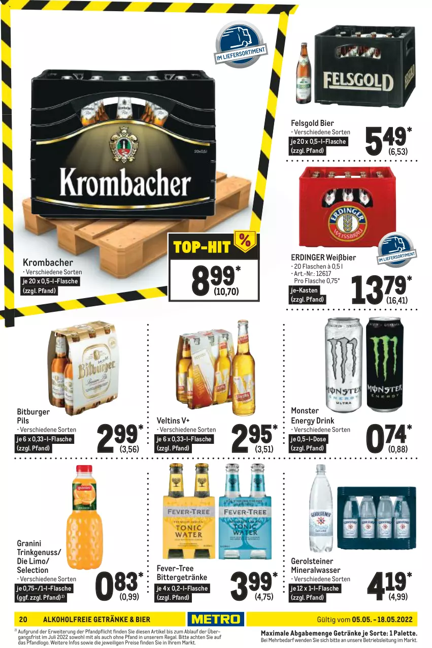 Aktueller Prospekt Metro - GastroJournal - von 05.05 bis 18.05.2022 - strona 20 - produkty: alkohol, alkoholfreie getränke, Alwa, bier, bitburger, bitburger pils, burger, drink, eis, energy drink, erdinger, fever-tree, flasche, gerolsteine, gerolsteiner, getränk, getränke, granini, krombache, krombacher, limo, mineralwasser, monster, Monster Energy, nuss, Palette, pils, regal, reis, rwe, steiner, Ti, veltins, wasser