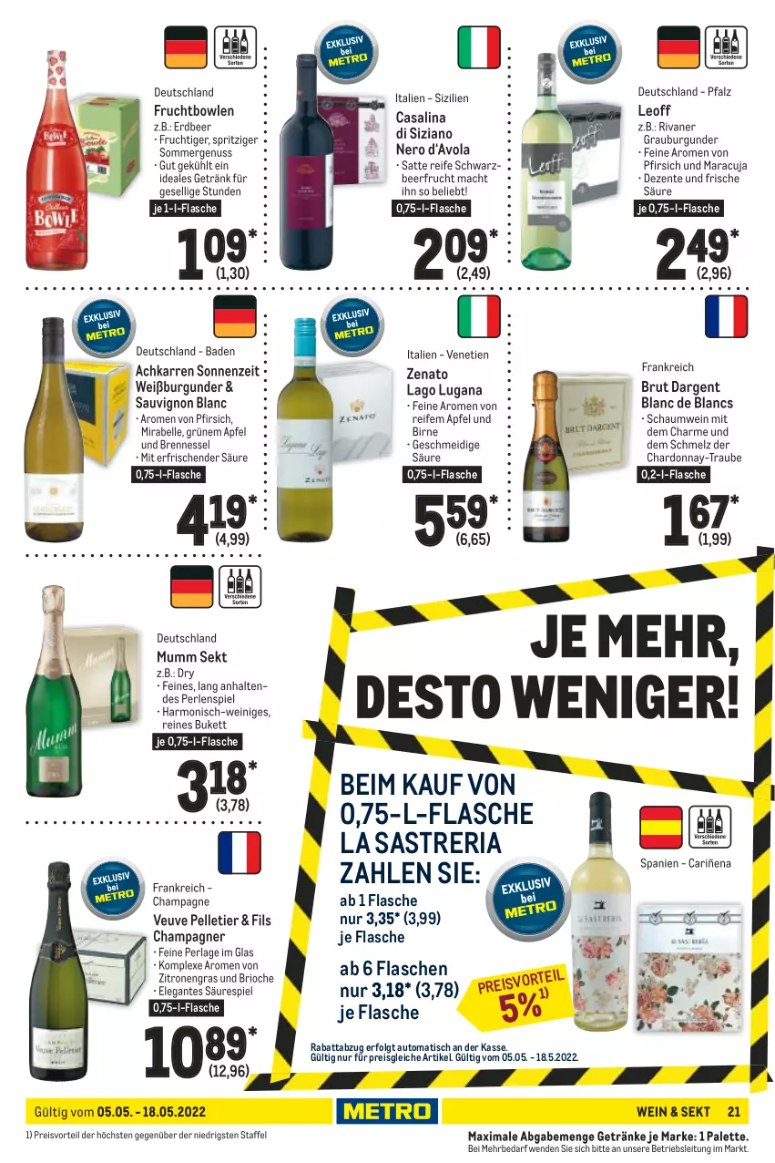 Aktueller Prospekt Metro - GastroJournal - von 05.05 bis 18.05.2022 - strona 21 - produkty: apfel, auto, Bad, bowle, brut, brut dargent, burgunder, Casali, champagne, champagner, chardonnay, de blancs, eis, elle, ente, flasche, frucht, getränk, getränke, grauburgunder, LG, mac, maracuja, mumm, nero, nuss, Palette, perla, perlen, pfirsich, preisvorteil, reis, Ria, Rivaner, sauvignon, sauvignon blanc, sekt, Ti, tisch, wein, Weißburgunder, zitrone, zitronen