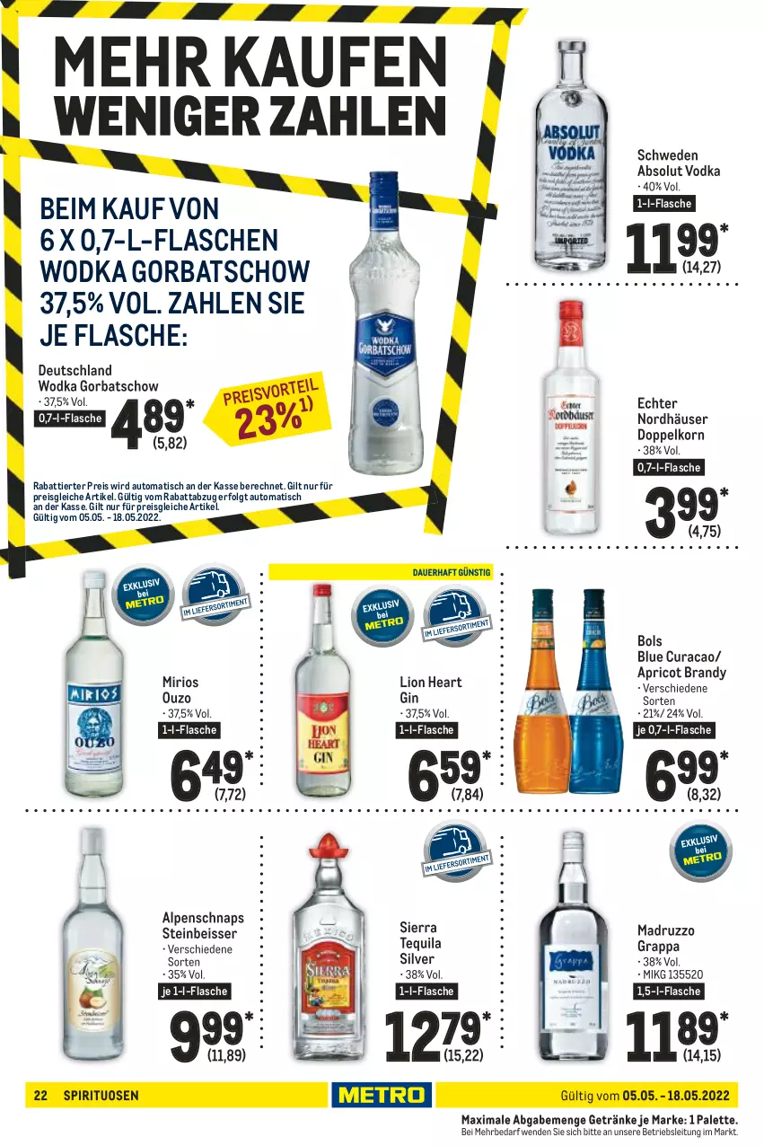 Aktueller Prospekt Metro - GastroJournal - von 05.05 bis 18.05.2022 - strona 22 - produkty: Absolut Vodka, auto, doppelkorn, eis, flasche, getränk, getränke, gin, Gorbatschow, grappa, korn, LG, lion, ouzo, Palette, reis, Sierra, sierra tequila, spirituosen, tequila, Ti, tisch, vodka, wodka