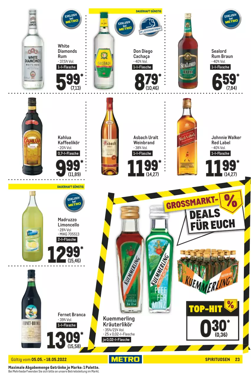 Aktueller Prospekt Metro - GastroJournal - von 05.05 bis 18.05.2022 - strona 23 - produkty: asbach uralt, braun, cachaça, Fernet, fernet branca, flasche, getränk, getränke, johnnie walker, kaffee, kräuter, kräuterlikör, kuemmerling, likör, limo, merl, Palette, rum, spirituosen, Ti, wein, weinbrand