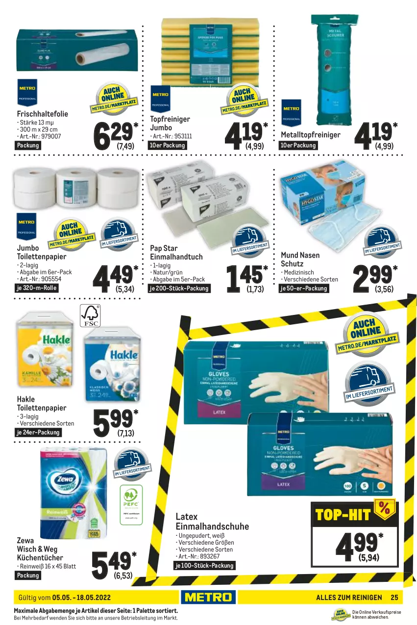 Aktueller Prospekt Metro - GastroJournal - von 05.05 bis 18.05.2022 - strona 25 - produkty: eis, frischhaltefolie, hakle, hakle toilettenpapier, handschuhe, handtuch, jumbo, küche, Küchen, küchentücher, natur, Palette, papier, reiniger, reis, schuhe, Ti, toilettenpapier, topf, tuc, tücher, zewa