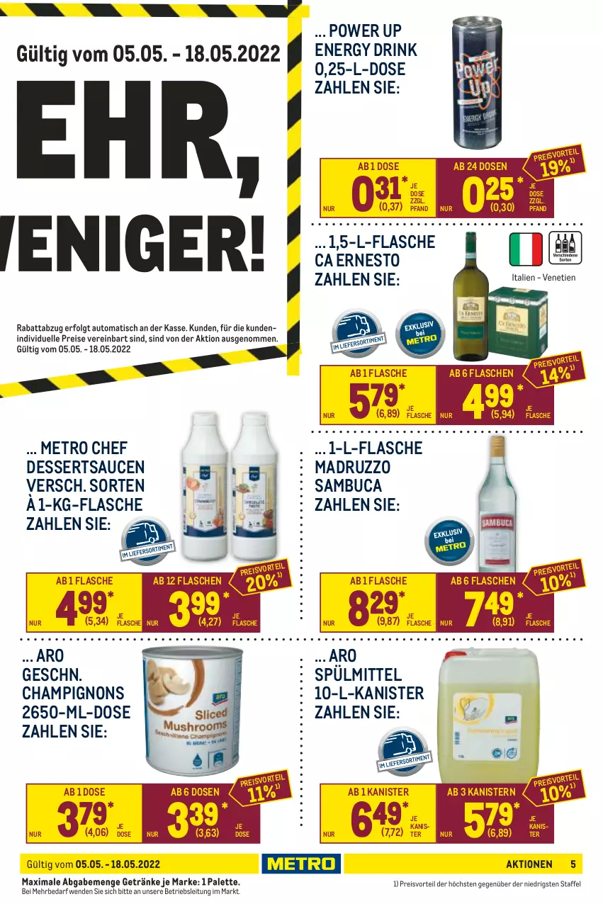 Aktueller Prospekt Metro - GastroJournal - von 05.05 bis 18.05.2022 - strona 5 - produkty: champignon, champignons, dessert, desserts, dessertsauce, drink, eis, energy drink, ernesto, flasche, getränk, getränke, Metro, Palette, preisvorteil, reis, sambuca, sauce, saucen, spülmittel, Ti