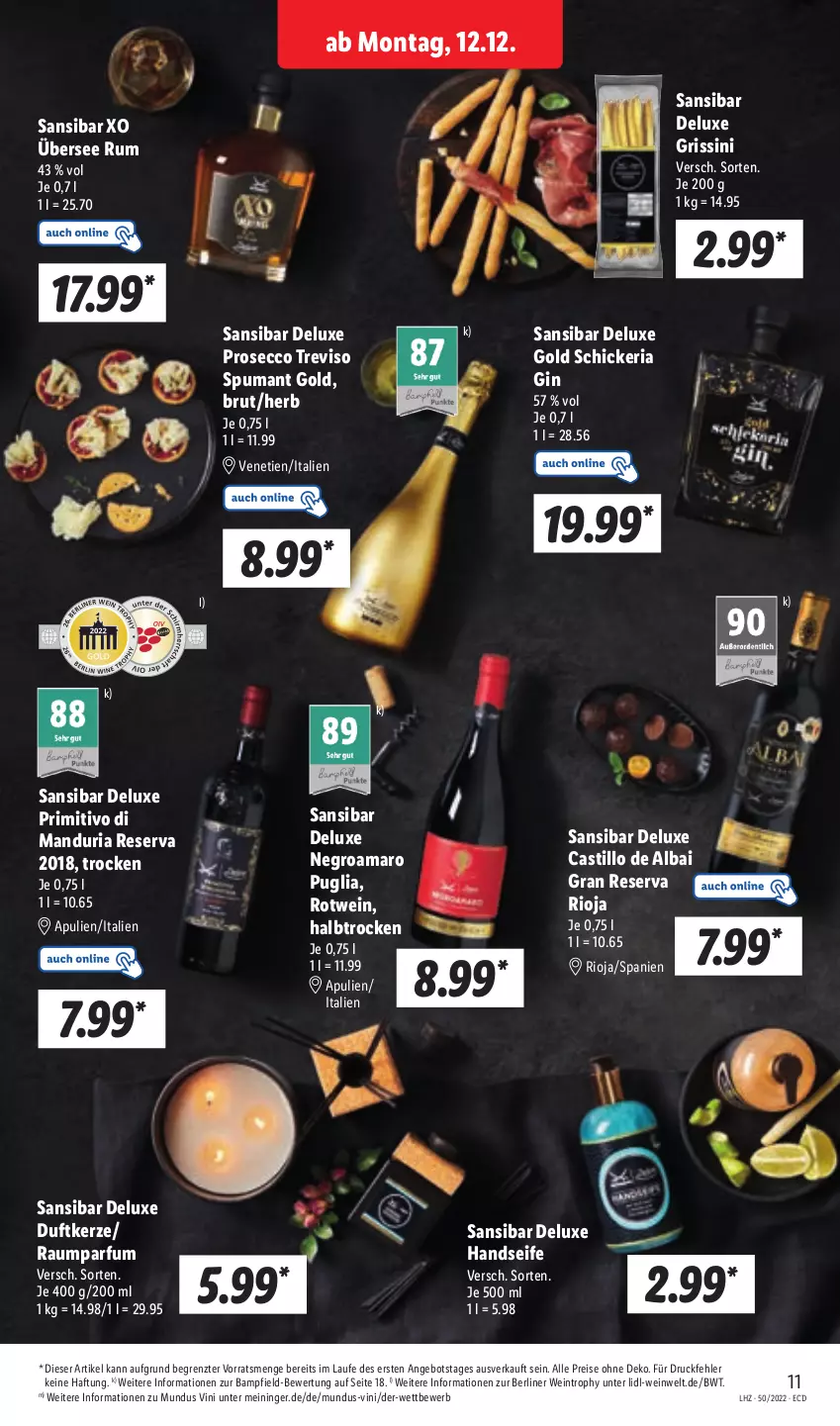 Aktueller Prospekt Lidl - Aktionsprospekt - von 12.12 bis 17.12.2022 - strona 11 - produkty: amaro, angebot, asti, berliner, brut, Duftkerze, ecco, eis, gin, grissini, Handseife, kerze, parfum, primitivo, prosecco, puma, reis, Ria, rioja, rotwein, rum, Seife, Ti, wein, ZTE