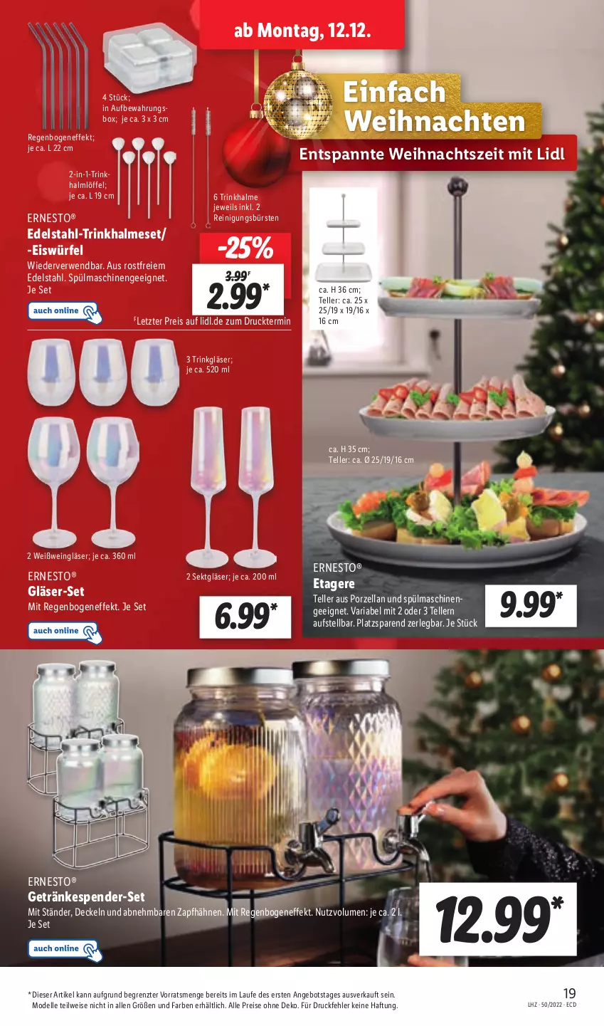 Aktueller Prospekt Lidl - Aktionsprospekt - von 12.12 bis 17.12.2022 - strona 19 - produkty: angebot, bürste, bürsten, decke, Deckel, dell, edelstahl, eis, eiswürfel, elle, ernesto, Etagere, getränk, getränke, getränkespender, Gläser, Löffel, Mode, Reinigung, reinigungsbürste, reis, Ria, rwe, sekt, spülmaschinen, teller, Ti, Trinkhalme, weihnachten, wein, Weingläser, Weißwein, würfel, ZTE