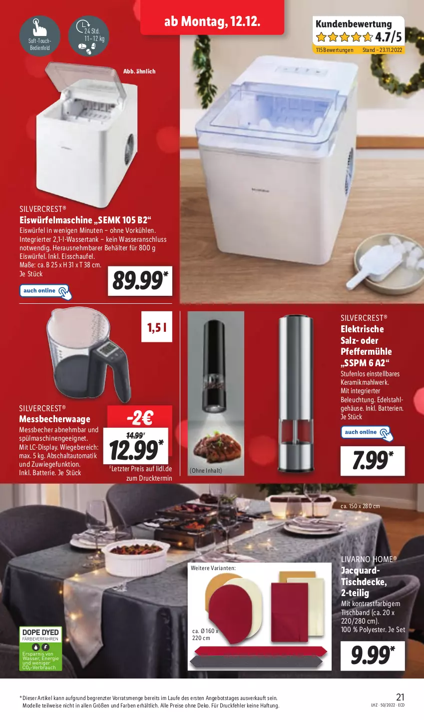 Aktueller Prospekt Lidl - Aktionsprospekt - von 12.12 bis 17.12.2022 - strona 21 - produkty: angebot, auto, batterie, batterien, Becher, Behälter, beleuchtung, decke, dell, edelstahl, eis, eiswürfel, elle, gefu, LG, Messbecher, Mode, pfeffer, Pfeffermühle, reis, Ria, salz, Schal, silvercrest, spülmaschinen, Ti, tisch, tischdecke, Waage, wasser, wassertank, würfel, ZTE