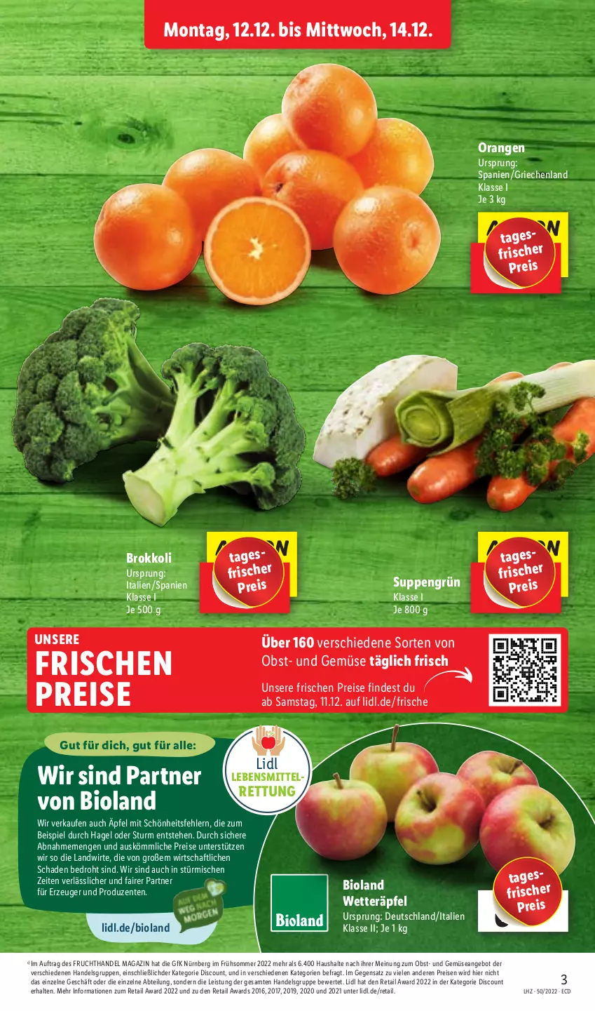 Aktueller Prospekt Lidl - Aktionsprospekt - von 12.12 bis 17.12.2022 - strona 3 - produkty: Abtei, angebot, bio, bioland, brokkoli, discount, eis, ente, frucht, lebensmittel, magazin, obst, orange, orangen, reis, suppe, suppen, Ti, und gemüse