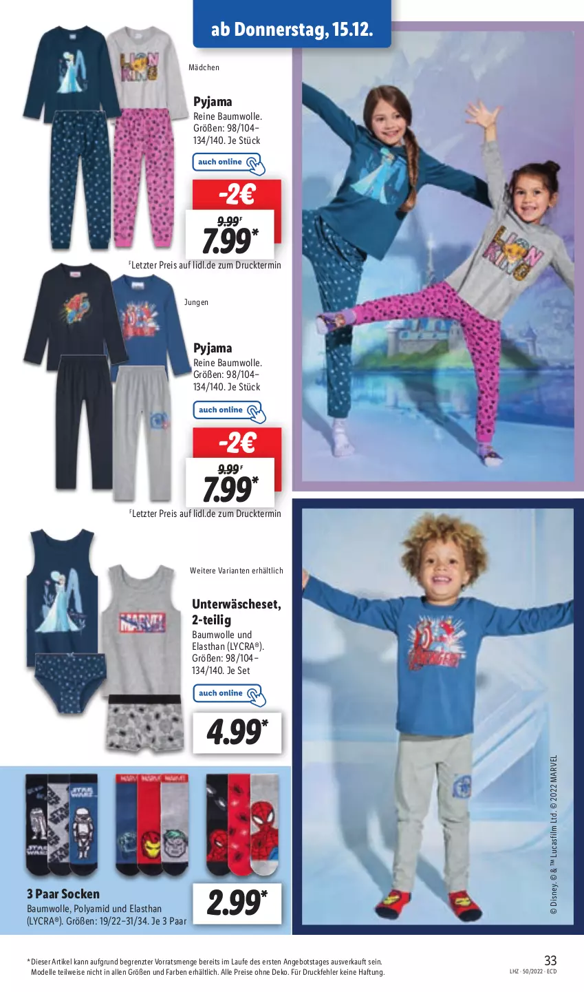 Aktueller Prospekt Lidl - Aktionsprospekt - von 12.12 bis 17.12.2022 - strona 33 - produkty: angebot, Bau, baumwolle, dell, disney, eis, elle, Mode, Pyjama, reine baumwolle, reis, Ria, socken, Ti, Unterwäsche, wolle, ZTE