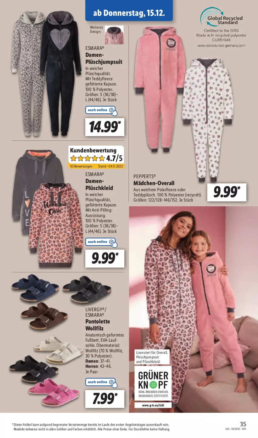 Aktueller Prospekt Lidl - Aktionsprospekt - von 12.12 bis 17.12.2022 - strona 35 - produkty: angebot, bett, dell, eis, elle, esmara, gefu, jumpsuit, kleid, livergy, Mode, Overall, pantolette, reis, Ria, Ti, ZTE