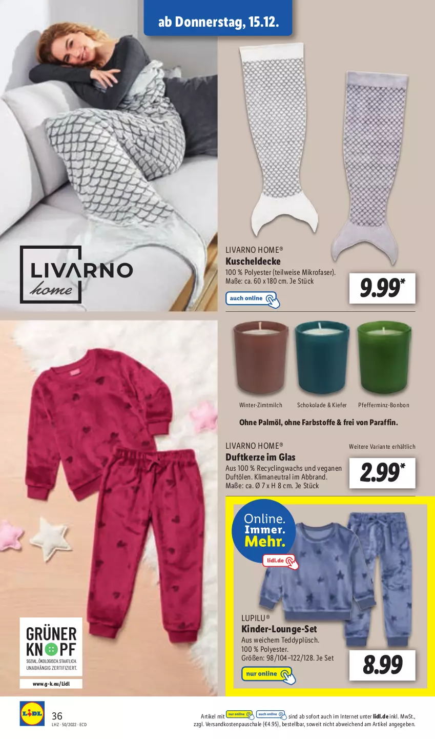 Aktueller Prospekt Lidl - Aktionsprospekt - von 12.12 bis 17.12.2022 - strona 36 - produkty: Clin, decke, Duftkerze, eis, kerze, Kinder, kuscheldecke, lounge-set, lupilu, mikrofaser, milch, ndk, ohne palmöl, pfeffer, Plüsch, Ria, Schal, Schale, schoko, schokolade, Ti