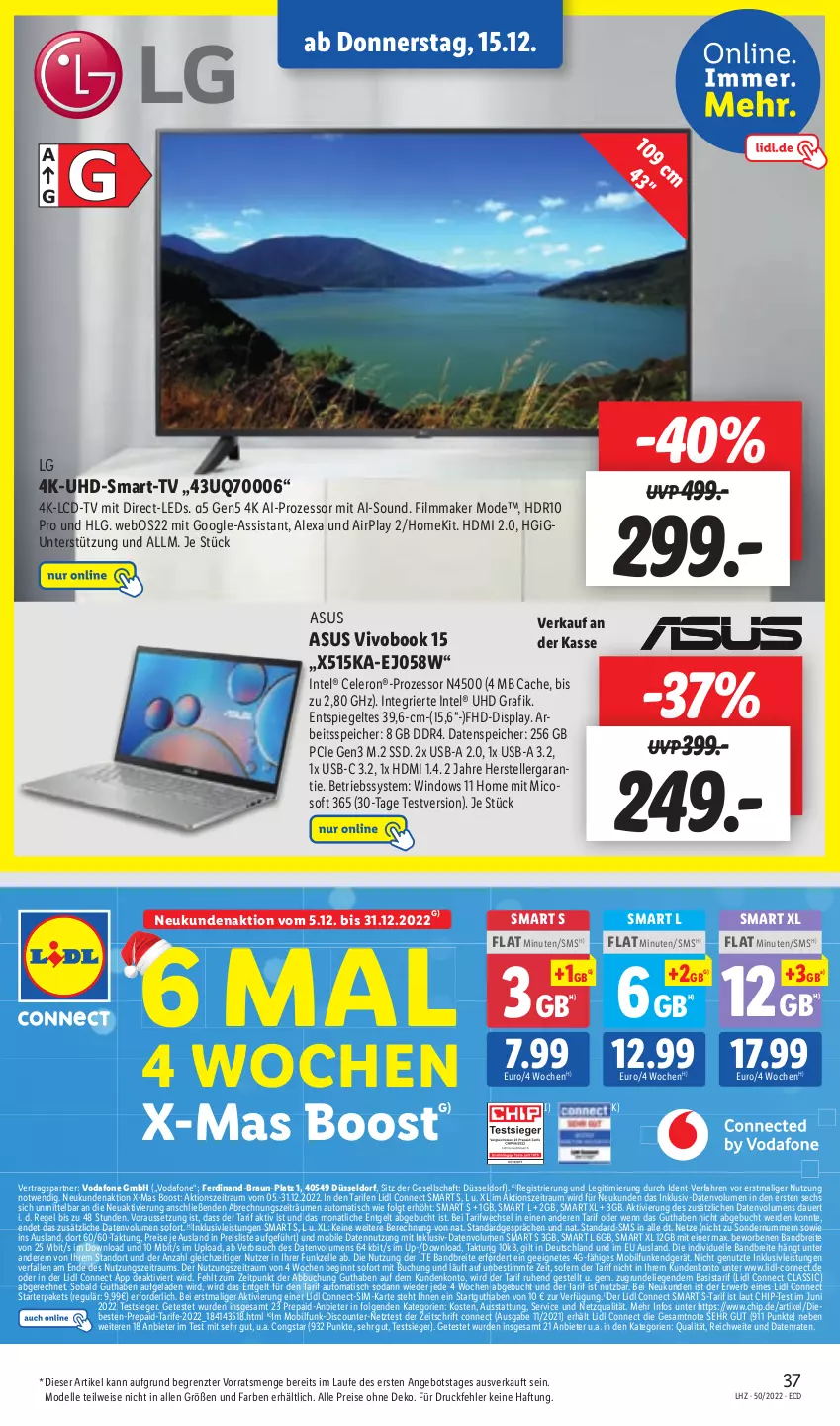 Aktueller Prospekt Lidl - Aktionsprospekt - von 12.12 bis 17.12.2022 - strona 37 - produkty: alexa, angebot, asus, auer, auto, Betriebssystem, braun, Brei, buch, celeron, congstar, dell, discount, eis, elle, erde, gin, HDMI, inklusivleistungen, Intel, leds, LG, Liege, Mode, Rauch, reis, rwe, sim, Soda, spiegel, ssd, teller, Ti, tisch, uhd, usb, VivoBook, vodafone, ZTE