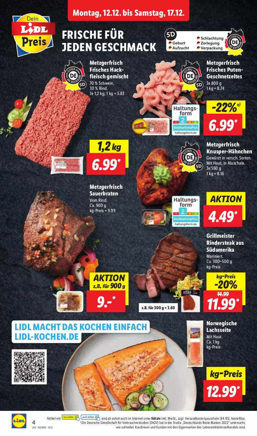 Aktueller Prospekt Lidl - Aktionsprospekt - von 12.12 bis 17.12.2022 - strona 4 - produkty: auer, braten, eis, fleisch, geschnetzeltes, gewürz, grill, hackfleisch, hackfleisch gemischt, lachs, lebensmittel, mac, Meister, ndk, pute, Putengeschnetzeltes, Rauch, reis, rind, rinder, Rindersteak, rwe, Schal, Schale, schwein, steak, Ti, wein, Zelt