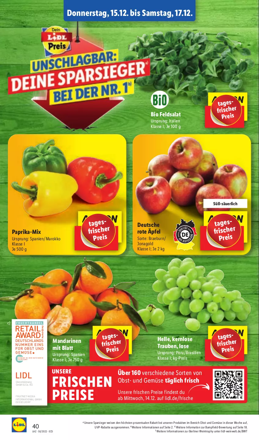 Aktueller Prospekt Lidl - Aktionsprospekt - von 12.12 bis 17.12.2022 - strona 40 - produkty: berliner, bio, discount, eis, elle, ente, feldsalat, mandarine, mandarinen, obst, Obst und Gemüse, paprika, reis, salat, Ti, trauben, und gemüse, wein