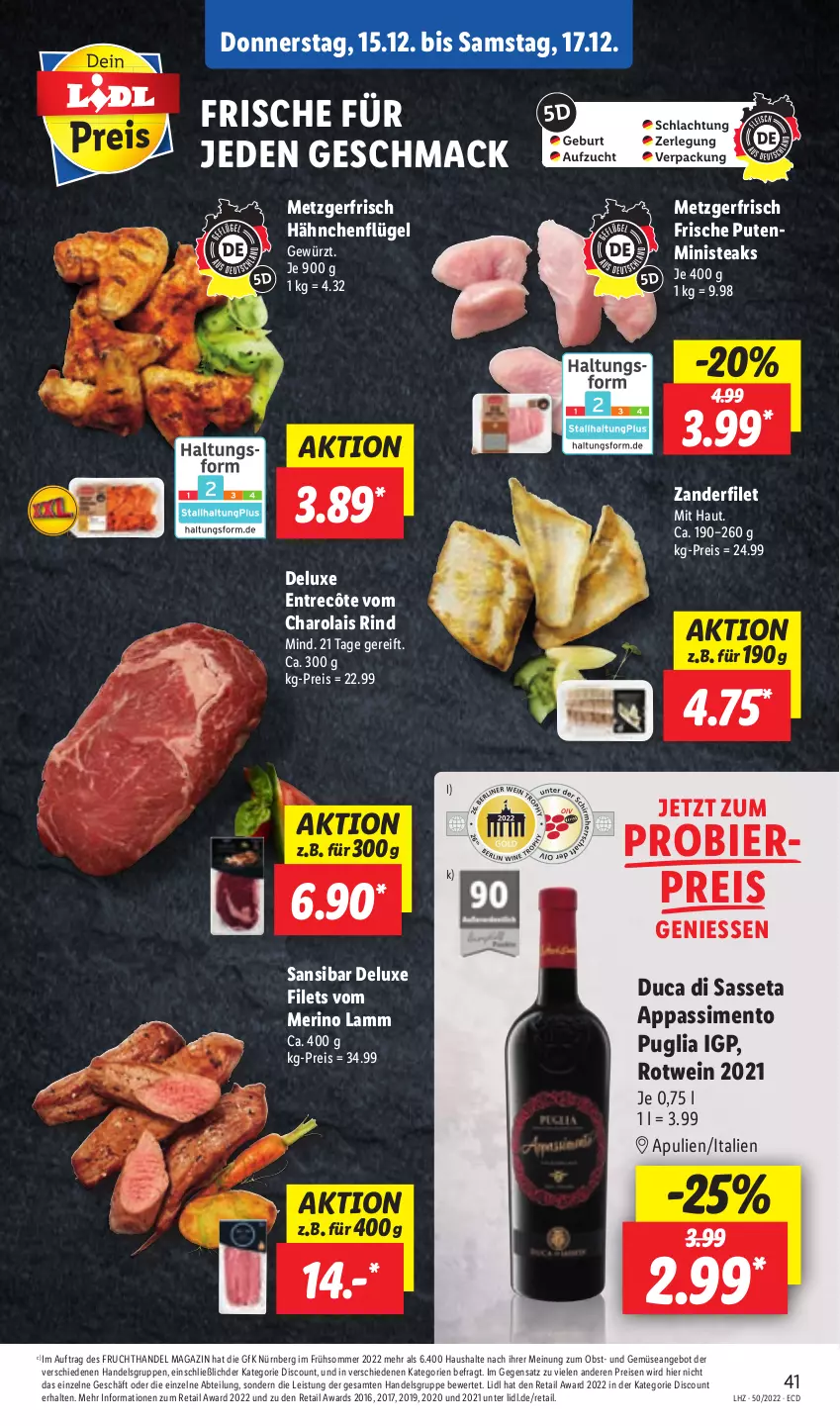 Aktueller Prospekt Lidl - Aktionsprospekt - von 12.12 bis 17.12.2022 - strona 41 - produkty: Abtei, angebot, bier, discount, eis, entrecôte, filet, filets, frucht, gewürz, hähnchenflügel, lamm, mac, magazin, obst, pute, reis, rind, rotwein, sim, steak, steaks, Ti, und gemüse, wein, Zander