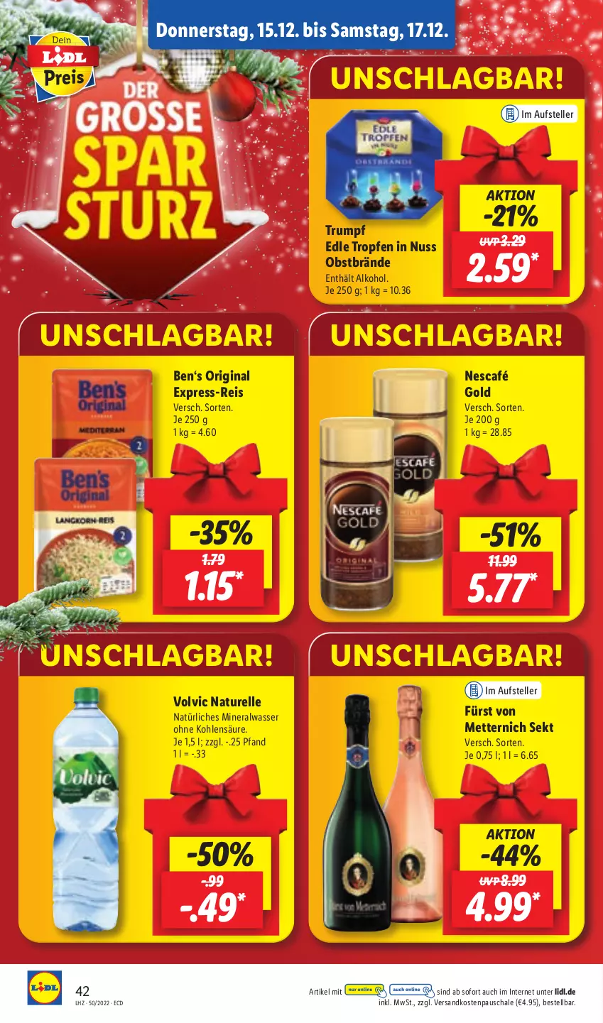 Aktueller Prospekt Lidl - Aktionsprospekt - von 12.12 bis 17.12.2022 - strona 42 - produkty: alkohol, Alwa, eis, elle, express-reis, fürst von metternich, gin, Mett, metternich, mineralwasser, natur, natürliches mineralwasser, ndk, Nescafé, nescafé gold, nuss, obst, reis, rel, rum, Schal, Schale, sekt, teller, Ti, volvic, wasser