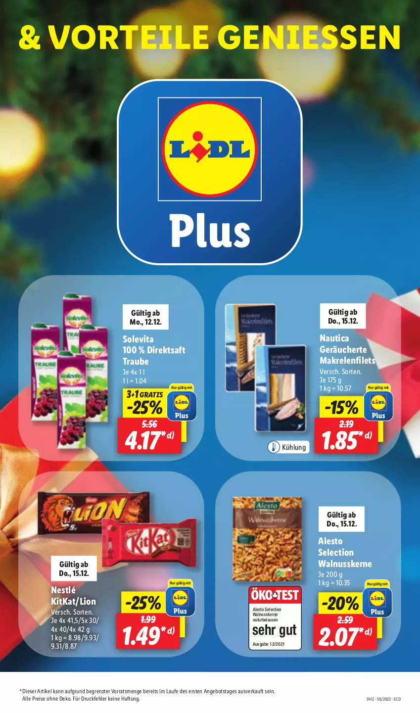 Aktueller Prospekt Lidl - Aktionsprospekt - von 12.12 bis 17.12.2022 - strona 49 - produkty: alesto, angebot, direktsaft, eis, filet, filets, kitkat, lion, Makrele, Makrelenfilets, natur, nestlé, nuss, reis, rel, saft, Ti, vita, walnuss, walnusskerne, ZTE