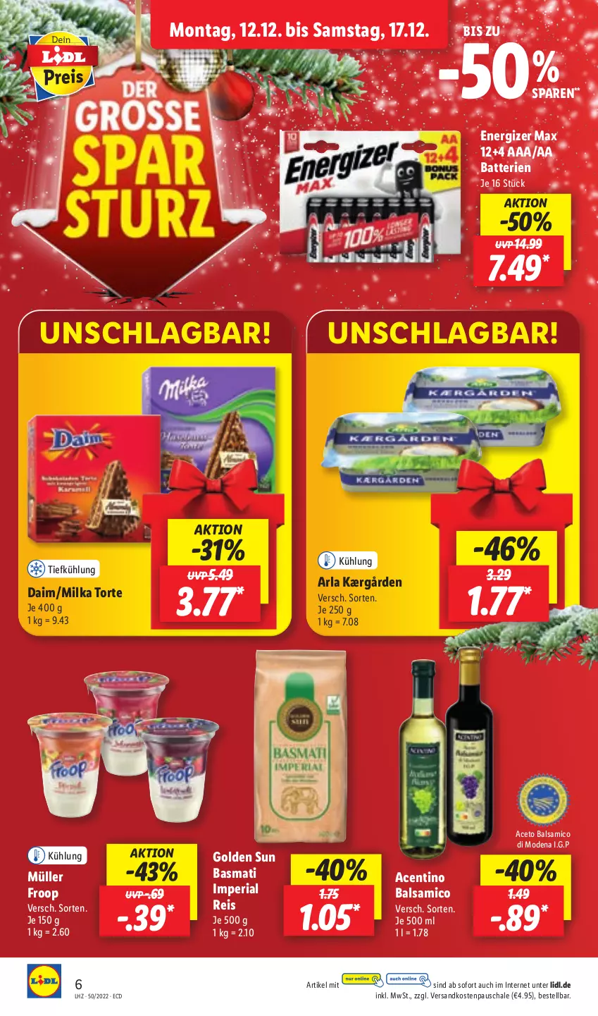 Aktueller Prospekt Lidl - Aktionsprospekt - von 12.12 bis 17.12.2022 - strona 6 - produkty: aceto, aceto balsamico, arla, balsam, balsamico, basmati, batterie, batterien, daim, eis, energizer, froop, Kærgården, milka, Mode, Müller, müller froop, ndk, reis, Ria, Schal, Schale, Ti, torte