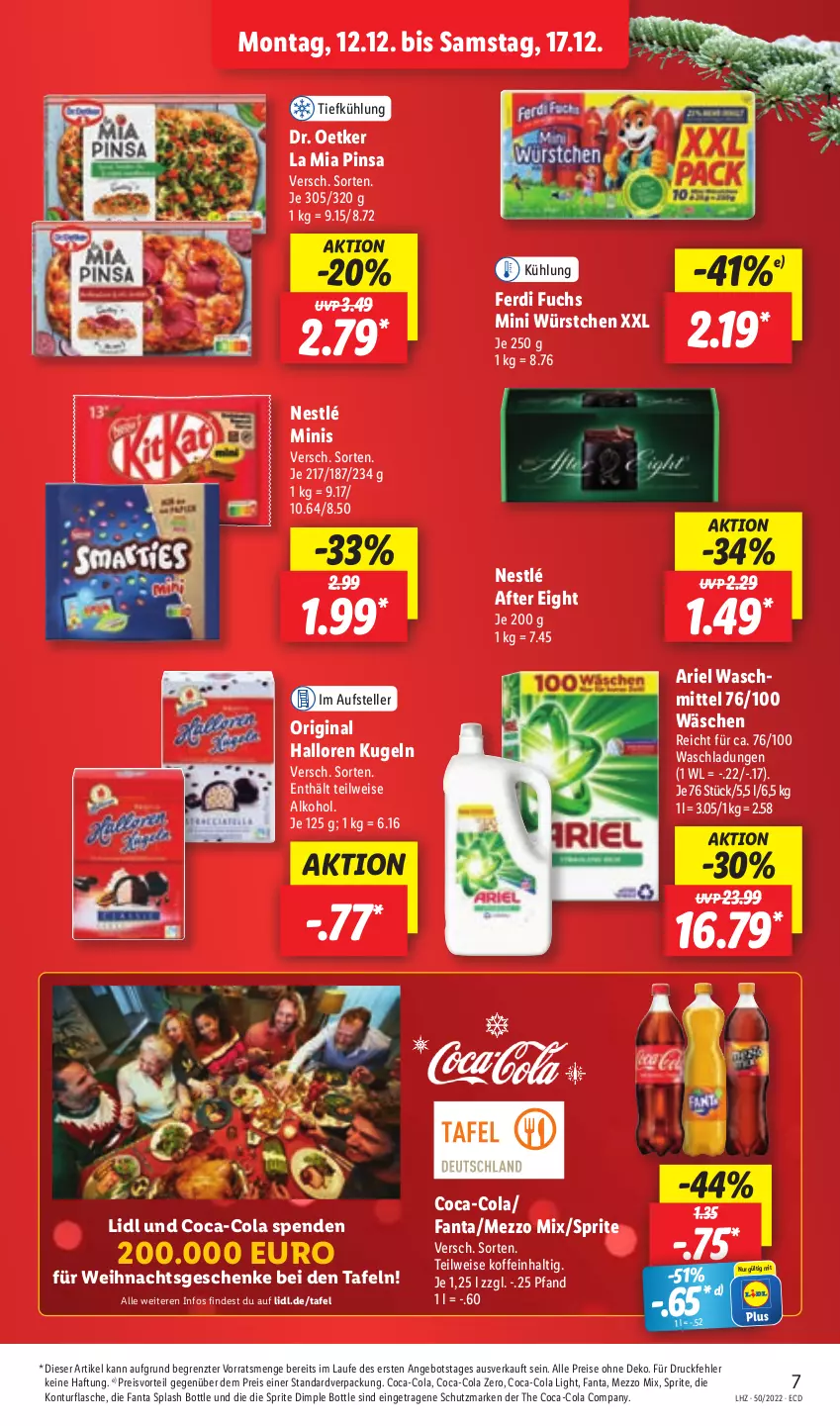 Aktueller Prospekt Lidl - Aktionsprospekt - von 12.12 bis 17.12.2022 - strona 7 - produkty: after eight, alkohol, angebot, ariel, ariel waschmittel, coca-cola, cola, Dr. Oetker, eis, elle, fanta, ferdi fuchs, flasche, gin, Kugel, Mezzo Mix, nestlé, preisvorteil, reis, sprite, teller, Ti, waschmittel, würstchen, ZTE