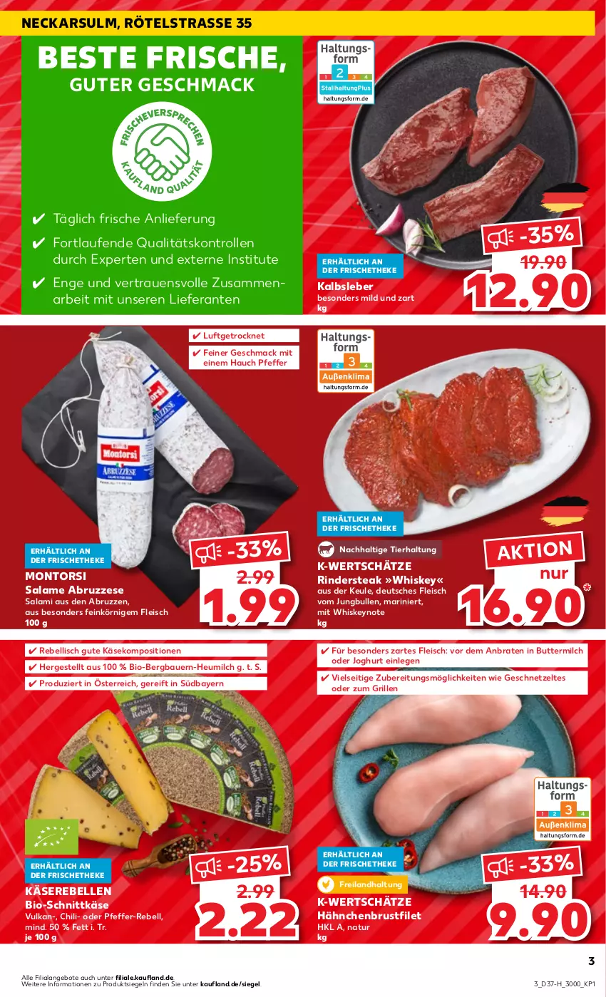 Aktueller Prospekt Kaufland - Extra-Angebote - von 14.09 bis 20.09.2023 - strona 3 - produkty: angebot, angebote, auer, Bau, Bauer, bio, braten, brustfilet, butter, buttermilch, chili, eis, elle, filet, fleisch, geschnetzeltes, grill, hähnchenbrust, hähnchenbrustfilet, Heu, heumilch, joghur, joghurt, jungbullen, Kalbsleber, Käse, Käserebellen, Laufen, mac, milch, montorsi, natur, pfeffer, rebell, rind, rinder, Rindersteak, salami, schnittkäse, steak, Ti, whiskey, Zelt